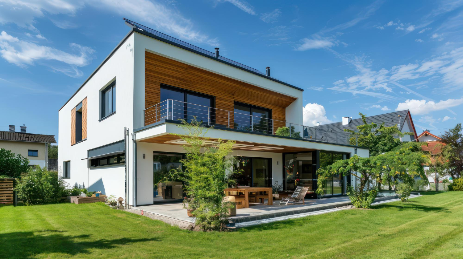 Maison moderne avec des panneaux photovoltaïques intégrés sur le toit